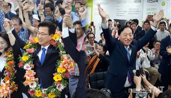 (왼쪽부터) 허태정 대전시장 후보와 설동호 대전교육감 후보 / 뉴스티앤티