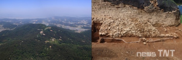 (왼쪽부터) 부여 가림성 조사지역 전경, 5차 발굴조사 성벽 및 기단 보축성벽 전경 / 부여군 제공