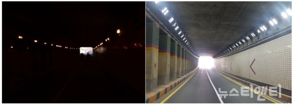 LED 조명은 차량 운전자가 지하차도 진입 시 눈부신 조명 빛으로 눈의 피로감이 순간적으로 증가하는 현상을 최소화시키는 효과가 있다 (사진=지하차도 LED 조명 공사 전(좌), 공사 후(우)) / 대전시 제공