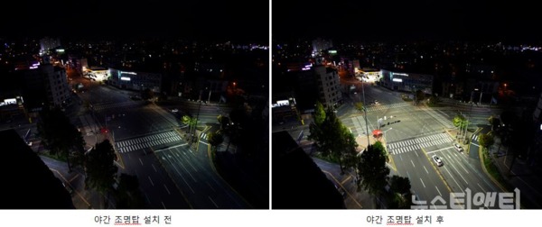 야간 조명탑 설치 전후 비교사진(용전네거리) / 대전시 제공