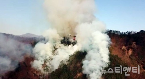 6일 오전 금산군 일원에서 발생한 산불에 산림청헬기와 도 산불진화 임차헬기 등을 투입, 산불을 조기 진화했다 / 중부지방산림청 제공