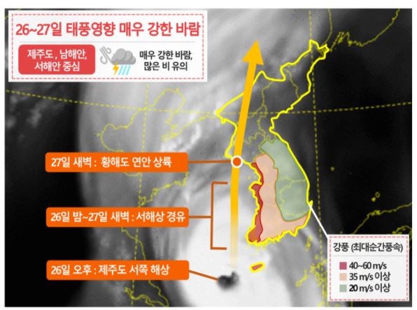 26~27일 태풍 예상경로와 지역별 예상 풍속 / 대전지방기상청