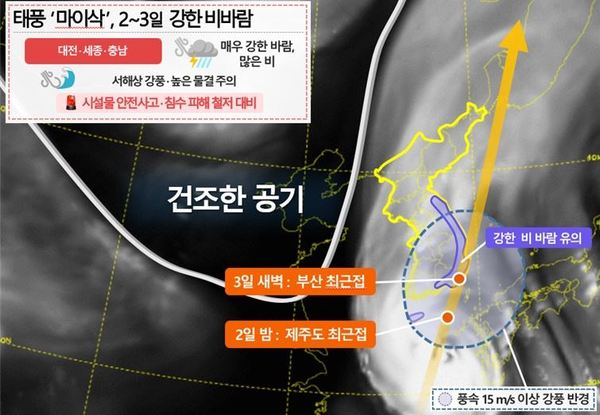 2일 밤 태풍 예상경로와 날씨 모식도 / 대전지방기상청