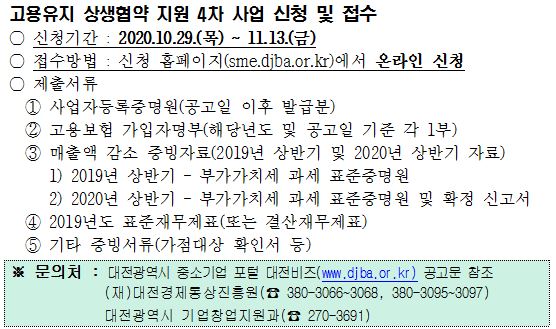 '고용유지 상생협약 지원' 4차 사업 신청 및 접수 / 대전시 제공