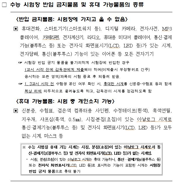 수능 시험장 반입 금지물품 및 휴대 가능물품의 종류 / 대전시교육청 제공