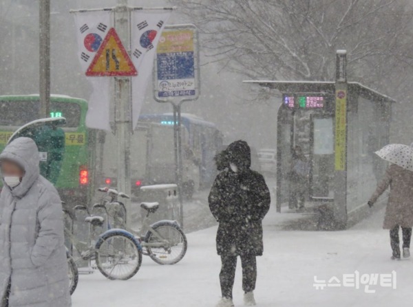 16일 오후, 대전에 대설 주의보가 내려진 가운데 강한 바람과 함께 많은 눈이 내리고 있다. (사진=대전시청 버스정류장 앞 / ⓒ 뉴스티앤티)