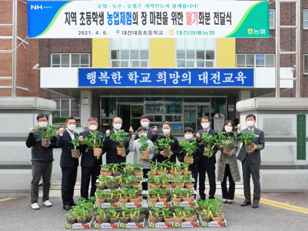 대전원예농협은 6일 지역 초등학생의 농촌체험을 위한 딸기 화분 100여개를 대전 대흥초등학교에 전달했다. / 농협대전지역본부 제공