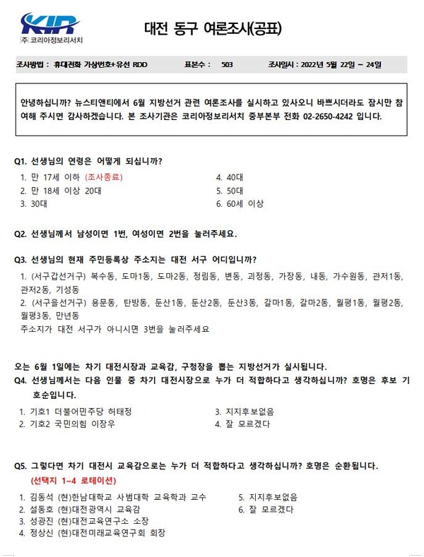 여론조사 설문지(대전 동구) page1. / 뉴스티앤티