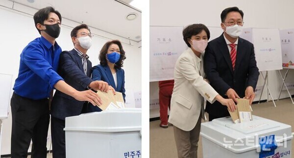 가족과 함께 사전투표하는 대전시장 후보들. 사진=(왼쪽) 허태정 대전시장 후보가 부인 양창희 씨, 아들 허인범 씨와 사전투표를 하고 있다. (오른쪽) 이장우 대전시장 후보가 부인 김세원 씨와 사전투표를 하고 있다. / 뉴스티앤티