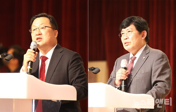 이장우 대전시장의 윤창현(국민의힘, 비례) 국회의원을 향한 지지 발언에 눈길이 쏠리고 있다. 2년 뒤 국회의원 선거에서 윤 의원이 과거 자신의 지역구이던 동구에 출마 의사가 있다는 점을 직·간접적으로 언급하면서 힘을 싣는 모양새다. (사진 왼쪽부터) 이장우 대전시장, 윤창현 국회의원 / 뉴스티앤티