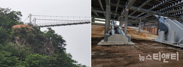 (좌)전북 진안 운일암반일암 출렁다리 전경(좌)과 하부 모습(우). 출렁다리의 하부가 콘크리트의 균열이나 케이블 이상 유무를 쉽게 확인할 수 있도록 오픈돼 있다. / 뉴스티앤티