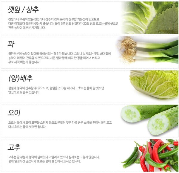 농산물별 세척방법 (출처 : 식품의약품안전처)