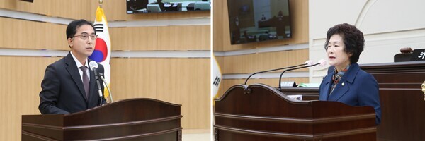 대전 동구의회는 10월 27일 제267회 임시회 제2차 본회의를 개회하고 민선 8기 집행부를 대상으로 첫 번째 구정질문을 진행한 가운데, 오관영 의원이 박희조 청장에게 구정질문을 하고 있다(사진 왼쪽부터 박희조 청장, 오관영 의원). / 대전 동구의회 제공