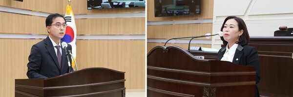 대전 동구의회는 10월 27일 제267회 임시회 제2차 본회의를 개회하고 민선 8기 집행부를 대상으로 첫 번째 구정질문을 진행한 가운데, 김세은 의원이 박희조 청장에게 구정질문을 하고 있다(사진 왼쪽부터 박희조 청장, 김세은 의원). / 대전 동구의회 제공