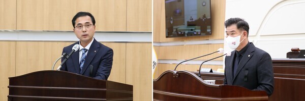 대전 동구의회는 31일 제267회 임시회 제3차 본회의를 개회하고, 민선 8기 집행부를 대상으로 두 번째 구정질문을 진행한 가운데, 국민의힘 강정규 의원의 질의에 박희조 동구청장이 답변하고 있다(사진 왼쪽부터 박희조 동구청장, 강정규 의원). / 대전 동구의회 제공