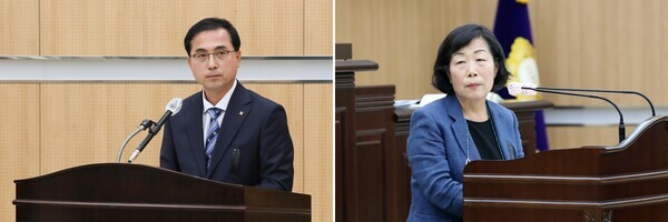 대전 동구의회는 31일 제267회 임시회 제3차 본회의를 개회하고, 민선 8기 집행부를 대상으로 두 번째 구정질문을 진행한 가운데, 더불어민주당 성용순 의원의 질의에 박희조 동구청장이 답변하고 있다(사진 왼쪽부터 박희조 동구청장, 성용순 의원). / 대전 동구의회 제공