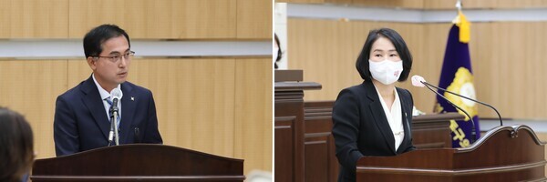 대전 동구의회는 31일 제267회 임시회 제3차 본회의를 개회하고, 민선 8기 집행부를 대상으로 두 번째 구정질문을 진행한 가운데, 국민의힘 김영희 의원의 질의에 박희조 동구청장이 답변하고 있다(사진 왼쪽부터 박희조 동구청장, 김영희 의원). / 대전 동구의회 제공