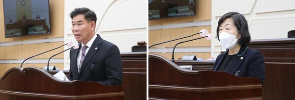 대전 동구의회는 4일 제267회 임시회 제4차 본회의를 개의하여 조례안·출연안·건의안 등 17개 안건을 심의·의결하고, 11일간의 의사일정을 모두 마무리한 가운데, 국민의힘 강정규 의원과 더불어민주당 성용순 의원이 건의안에 대해 설명하고 있다(사진 왼쪽부터 강정규 의원, 성용순 의원). / 대전 동구의회 제공