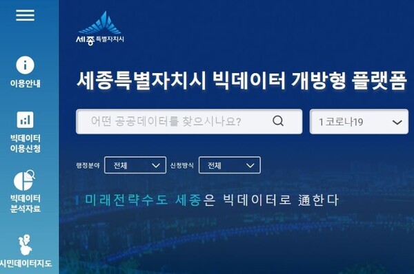 세종시가 ‘빅데이터허브시스템 대시민 개방형 플랫폼(www.sejong.go.kr/bigdata)’을 구축하고, 29일 서비스를 본격 개시했다. (사진=개방형 플랫폼 메인화면 캡처)