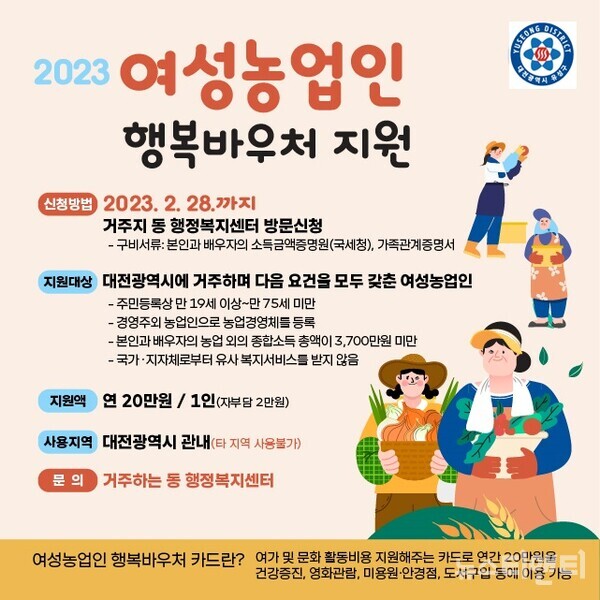 대전 유성구가 '2023년 여성농업인 행복바우처 지원사업' 신청을 오는 26일부터 내달 28일까지 접수한다. (사진=2023년 여성농업인 행복바우처 지원 홍보물 / 유성구 제공)