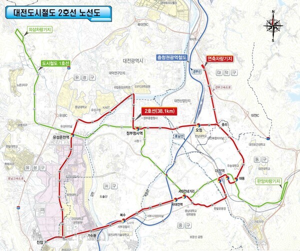대전시가 도시철도 2호선 트램 건설 총사업비 조정을 위한 중앙부처 예산 협의를 완료했다. 이에 따라 내년 상반기 착공을 목표로 사업 추진에 속도를 낸다. (사진=대전 도시철도 2호선 트램 노선도 / 대전시 제공)