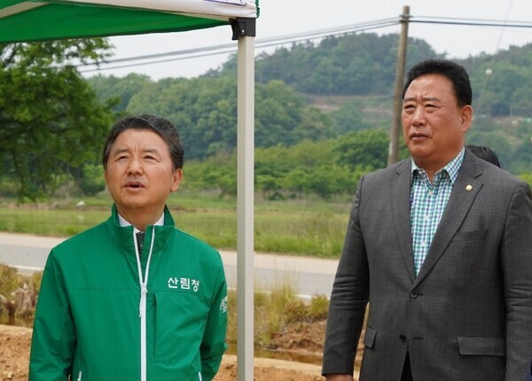 더불어민주당 어기구 의원은 12일 남성현 산림청장을 당진시로 초청해 산림조합 등 관계자들과 지역의 현안 및 애로사항을 전달하고, 당진시 산불피해 현장을 함께 점검한 가운데, 어기구 의원과 남상현 산림청장이 당진시 산불피해 현장을 점검하고 있다. / 어기구 의원 제공