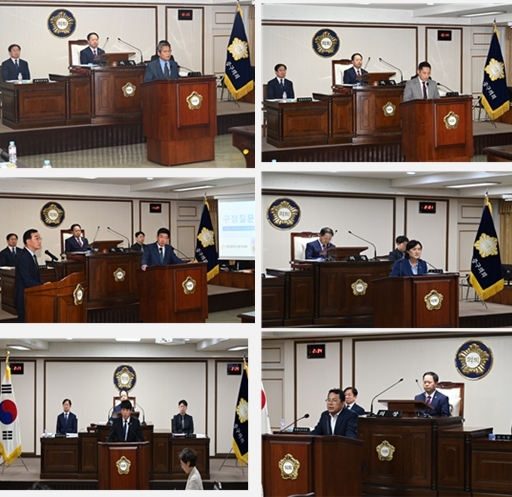 대전 중구의회는 15일 제250회 제1차 정례회 제2차 본회의를 개의하고, 주요 현안에 대한 구정질문을 실시한 가운데, 의원들이 5분 발언 및 구정질문을 진행하고 있다(사진 왼쪽부터 시계방향으로 류수열 의원, 안형진 의원, 육상래 의원, 김선옥 의원, 오은규 의원 김석환 의원). / 대전 중구의회 제공