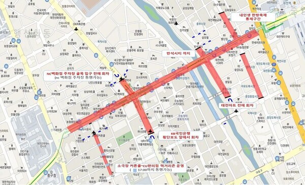 대전시가 0시 축제 기간 교통종합대책을 추진해 시민 불편을 최소화한다. (사진=차량통제 세부구간 지도 / 대전시 제공)