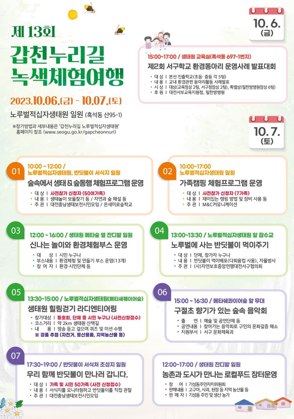 대전 서구가 오는 6일부터 7일까지 노루벌적십자생태원에서 가족이 함께 체험하고 즐길 수 있는 ‘제13회 갑천누리길 녹색체험여행’ 행사를 개최한다.