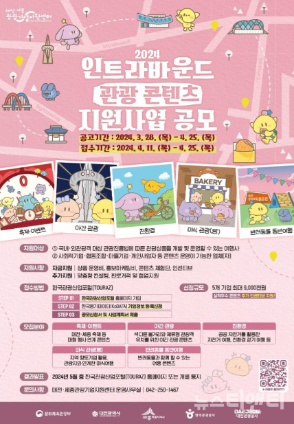 대전관광공사는 오는 4월 25일까지 대전, 세종 및 충청권의 지역 특색이 담긴 관광 콘텐츠(여행 프로그램)를 발굴육성하기 위해 ‘2024 인트라바운드 관광 콘텐츠 지원 공모사업’을 공개 모집한다고 밝혔다. / 공사 제공