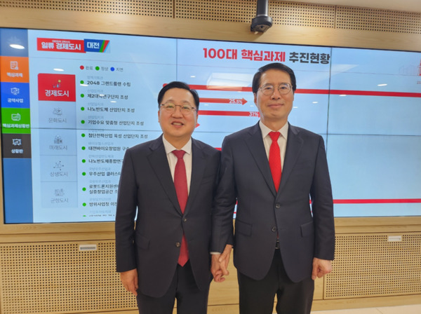 양홍규 국민의힘 대전 서구을 국회의원 후보는 2일 이장우 대전시장이 전날 발표한 대전 도시철도 3·4·5호선 계획에 대해 환영의 의사를 밝혔다(사진 왼쪽부터 이장우 시장, 양홍규 후보). / 양홍규 후보 제공