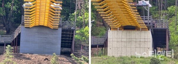 월영산 출렁다리 교대부. (좌)개선 전. 콘크리트 구조물이 데크로 가려져 있다. (우)개선 후. 데크를 제거해 콘크리트 구조물의 이상 발생 여부를 쉽게 관찰할 수 있도록 한 모습 / 뉴스티앤티