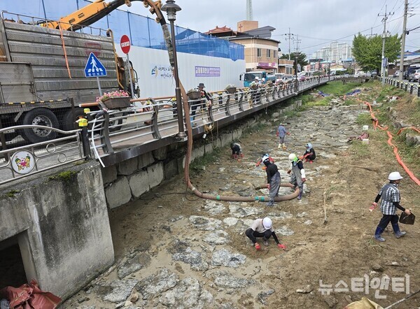 후곤천 생콘크리트 유출물 제거작업 모습 / 뉴스티앤티