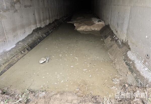 후곤천 복개천 수로에 남아 있는 콘크리트 타설물 흔적 / 뉴스티앤티