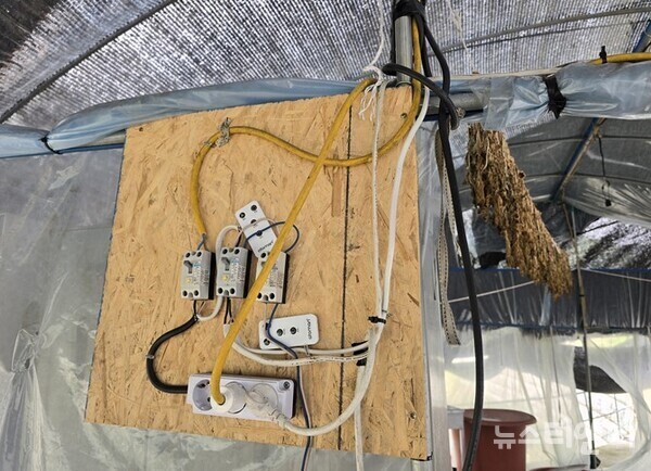 농성집단이 무단 설치한 비닐하우스 내부에 인근 위생매립장 배전반에서 끌어온 전기가 연결되어 있다. / 뉴스티앤티 조준권 기자