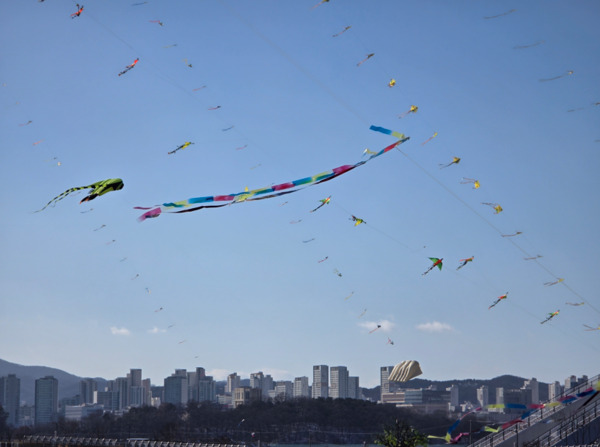 세종시의 대표 명소 이응다리에서 열린 '제2회 정월대보름 전국연날리기 대회'에서 시민들의 소망을 담은 각양각색의 연이 하늘 높이 날아오르며 새해 희망을 전했다. / 세종시청 제공