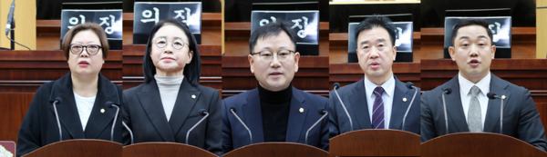 서산시의회는 5일 제303회 임시회 제1차 본회의를 개회하고, 8일간의 회기일정에 돌입한 가운데, 제1차 본회의 안건 상정에 앞서 더불어민주당 가선숙 의원을 비롯한 5명의 의원들이 5분 자유발언을 진행했다(사진 왼쪽부터 가선숙 의원, 한석화 의원, 문수기 의원, 최동묵 의원, 이정수 의원). / 서산시의회 제공