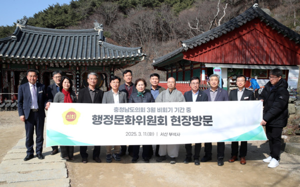 충남도의회 행정문화위원회는 11일 서산 부석사를 방문해 일본에서 건너와 부석사에 임시 봉안 중인 '금동관세음보살좌상'을 친견하고 국외반출 문화유산 보호 방안을 논의했다고 밝혔다. / 충남도의회 제공