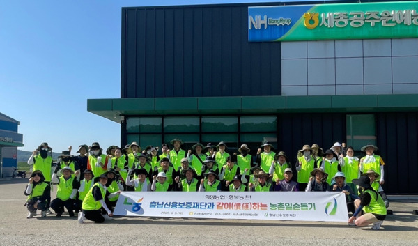 충남신용보증재단은 5일 농협중앙회 충남세종본부·농협중앙회 공주시지부·세종공주원예농협과 함께 공주시 우성면 동대리 소재 마늘 농가를 찾아 농촌 일손돕기에 진행했다고 밝혔다. / 충남신용보증재단 제공