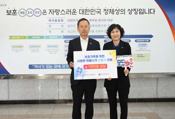 충남개발공사는 5일 충남서부보훈지청에서 6월 호국보훈의 달을 맞이하여 도내 보훈가족에게 선풍기를 전달했다고 밝혔다(사진 왼쪽부터 충남개발공사 김병근 사장, 충남서부보훈지청 서정미 지청장). / 충남개발공사 제공