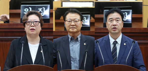 서산시의회는 10일 제306회 제1차 정례회 제1차 본회의를 개회하고, 오는 25일까지 16일간의 회기일정에 돌입한 가운데, 제1차 본회의 안건 상정에 앞서 더불어민주당 가선숙 의원이 '어르신 교통복지, 연령의 문턱을 낮추자!'를 주제로 5분 자유발언을 진행했으며, 더불어민주당 김용경 의원이 '서산시 현수막의 친환경 소재 사용 및 재활용 활성화를 통한 탄소중립 촉구'를 주제로 5분 자유발언을 실시하였고, 최동묵 의원이 '불법 폐기물 매립과 서산시 행정'을 주제로 5분 자유발언의 시간을 가졌다(사진 왼쪽부터 가선숙 의원, 김용경 의원, 최동묵 의원). / 서산시의회 제공