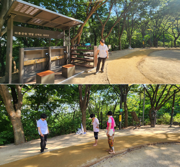 종로구의회는 11일 이미자 의원이 종로구민의 건강한 여가생활을 위한 의정활동의 일환으로 추진해온 '맨발 산책로' 조성 사업이 와룡공원 에어로빅장(와룡공원길 192) 일대에서 마무리됨에 따라 최근 현장을 방문해 시설을 점검하고 주민 의견을 청취했다고 밝혔다. 사진은 조성 후 모습 / 이미자 의원 제공