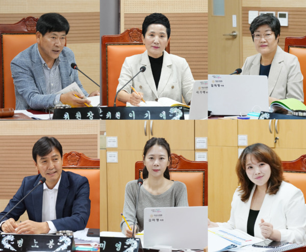 아산시의회 기획행정농업위원회는 18일 제260회 임시회에서 주요업무 추진상황 보고를 청취했다고 밝혔다(사진 윗줄 왼쪽부터 시계방향으로 전남수 위원장, 이기애 의원, 김희영 의원, 박효진 의원, 김미영 의원, 명노봉 부위원장). / 아산시의회 제공