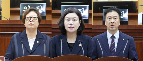 서산시의회는 25일 제307회 임시회 제4차 본회의를 끝으로 11일간의 의사일정을 모두 마무리한 가운데, 이날 제4차 본회의 안건 상정에 앞서 더불어민주당 가선숙 의원이 '특별재난지역 지정에 따른 신속한 복구 인력 동원 촉구'를 주제로 5분 자유발언을 진행했으며, 더불어민주당 최동묵 의원이 '마룡리 폐기물 매립 사건 사실은 이렇습니다'를 주제로 5분 자유발언을 실시하였고, 더불어민주당 이경화 의원이 '한정된 예산의 효율적 사용에 대한 제안'을 주제로 5분 자유발언의 시간을 가졌다(사진 왼쪽부터 가선숙 의원, 최동묵 의원, 이경화 의원). / 서산시의회 제공