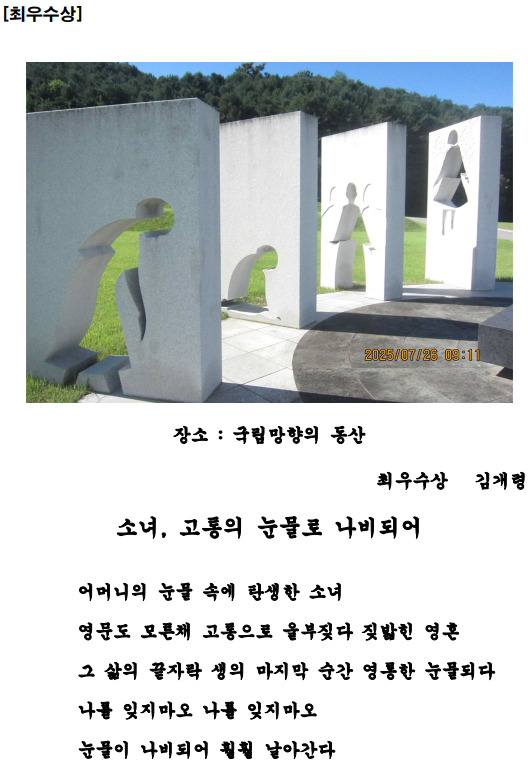 더불어민주당 충남도당 여성위원회는 지난 11일 '제1회 기림의 날 디카시(디지털 카메라 사진 + 창작시) 공모전'의 우수작품을 최종 선정해 발표했다. 사진은 최우수상 천안시 김개령 님의 '소녀, 고통의 눈물로 나비되어' / 더불어민주당 충남도당 제공