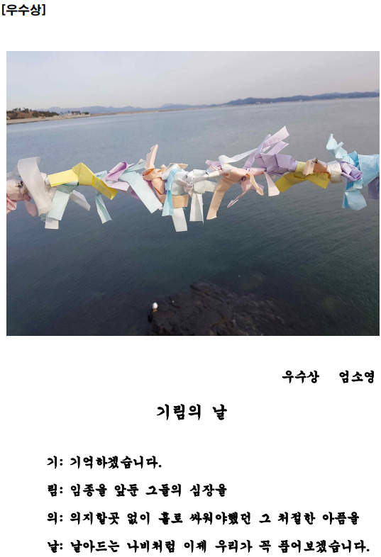 더불어민주당 충남도당 여성위원회는 지난 11일 '제1회 기림의 날 디카시(디지털 카메라 사진 + 창작시) 공모전'의 우수작품을 최종 선정해 발표했다. 사진은 우수상 엄소영 님의 '기림의 날' / 더불어민주당 충남도당 제공