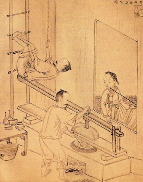 국수 누르는 모양(김준근 作), ≪기산풍속도첩≫, 독일 함부르크인류학박물관 소장 / 필자 제공