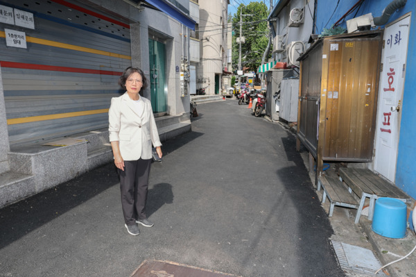 종로구의회는 19일 이미자 의원이 최근 정비가 완료된 이화동 아스팔트 파임 도로(율곡로17길) 현장을 찾아 주민 불편 해소 상황을 점검했다고 밝혔다. / 이미자 의원 제공