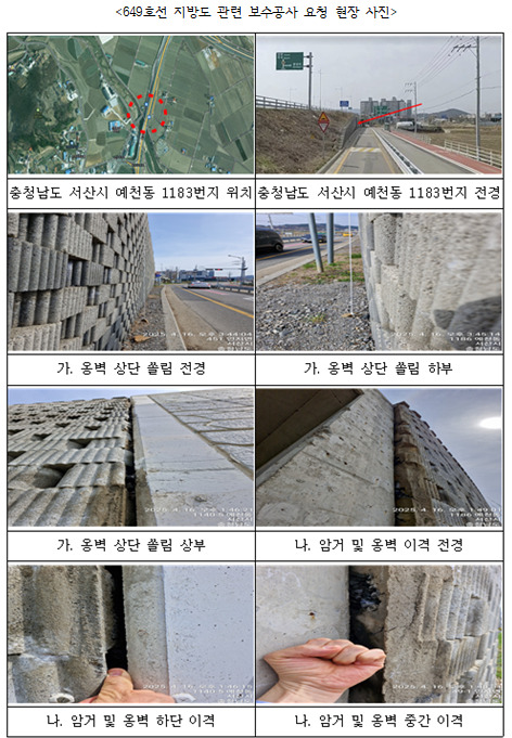 서산시의회는 25일 더불어민주당 최동묵 의원이 인지면 입구에 위치한 649번 지방도 둔당교 통로박스 안전 문제를 지적했다고 밝혔다. / 최동묵 의원 제공