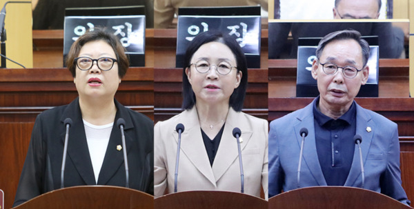 서산시의회는 9일 제308회 임시회 제1차 본회의를 개회하고, 4일간의 회기일정에 돌입한 가운데, 이날 제1차 본회의 안건 상정에 앞서 더불어민주당 가선숙 의원이 "몰라서 놓치는 복지 이제는 없어야 한다! '복지신청 자동지급제' 시행 촉구"를 주제로 5분 자유발언을 진행했으며, 국민의힘 한석화 의원이 "현대오일뱅크 페놀 유출 사건 관련 1,761억 과징금 부과에 따른 향후 조치 촉구"를 주제로 5분 자유발언을 실시하였고, 무소속 이수의 의원이 "유기방가옥 주차장 조성의 필요성"을 주제로 5분 자유발언의 시간을 가졌다(사진 왼쪽부터 가선숙 의원, 한석화 의원, 이수의 의원). / 서산시의회 제공
